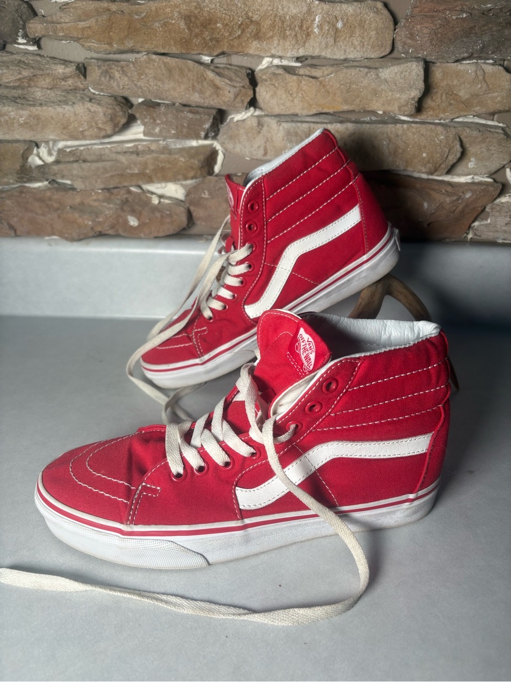 Vans Red and White Sk8-Hi Canvas High Top Sneakers